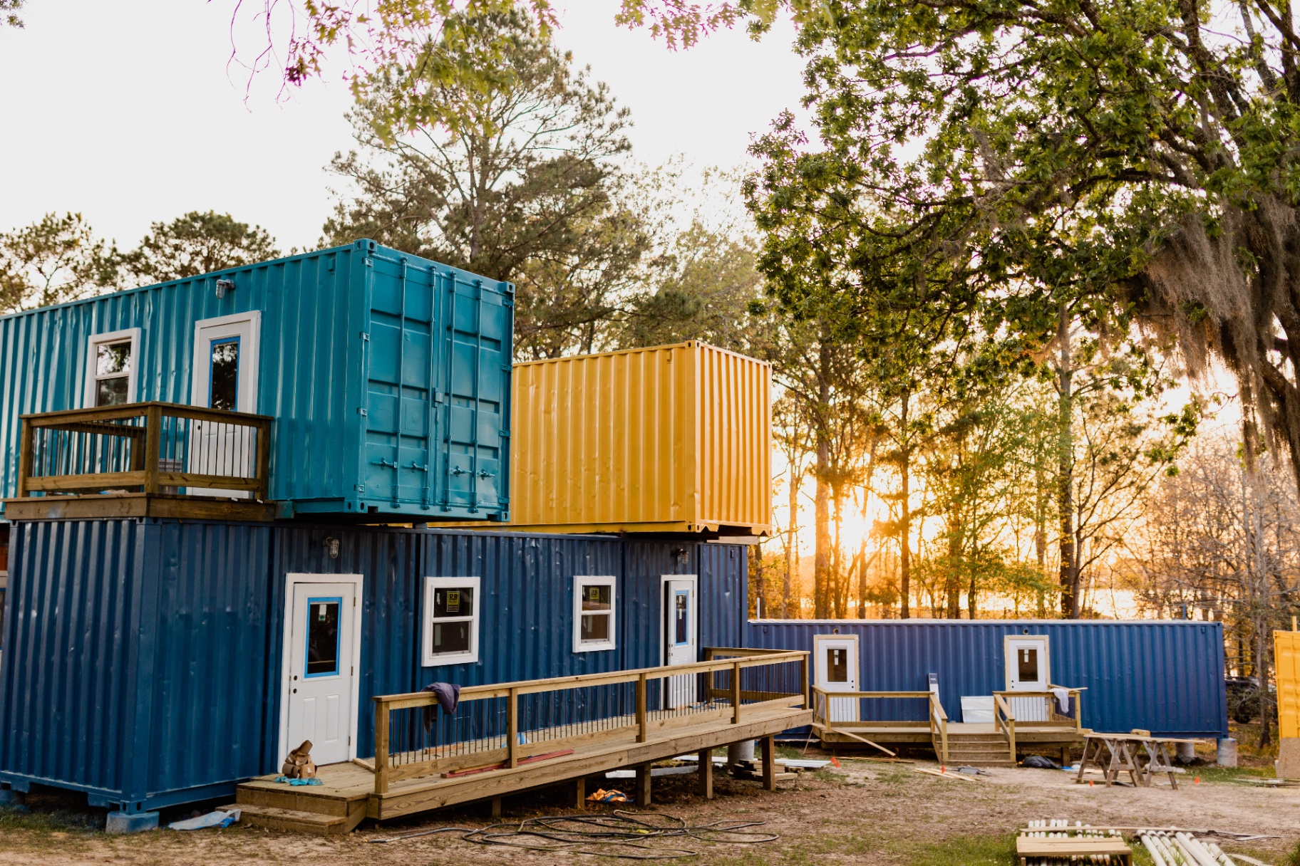 Cabin cluster at sunset