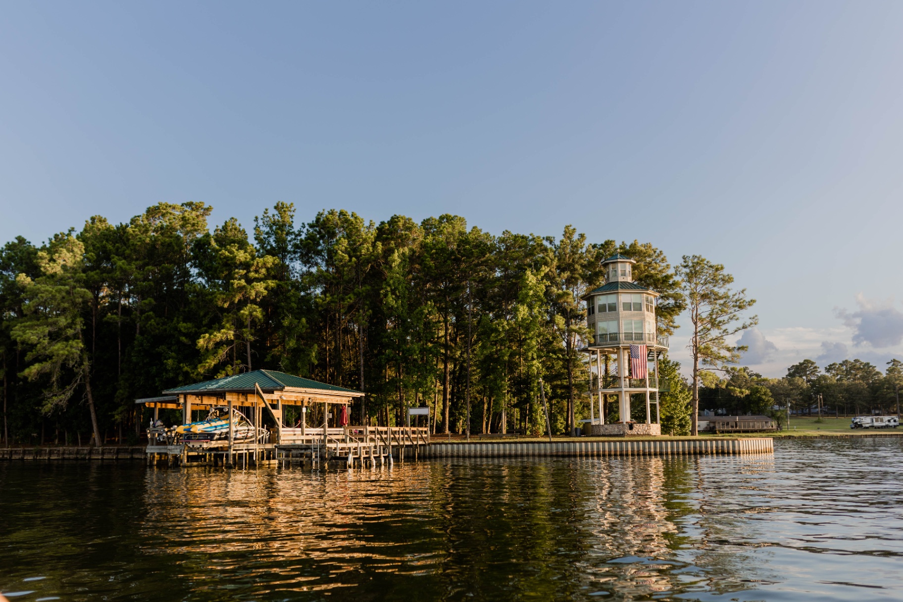 Lookout tower & boathouse at golden hour