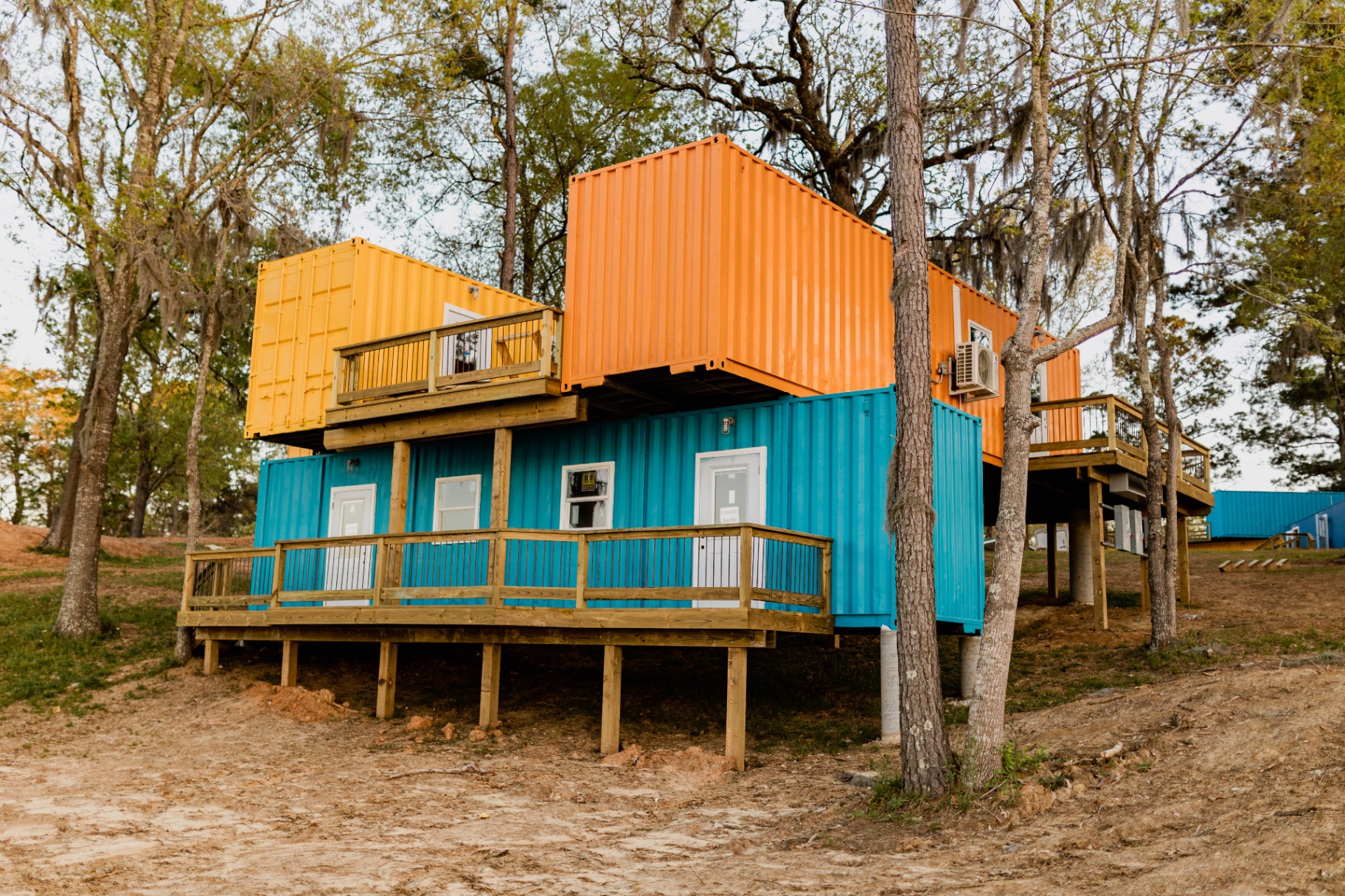 Blue and orange cabin exterior