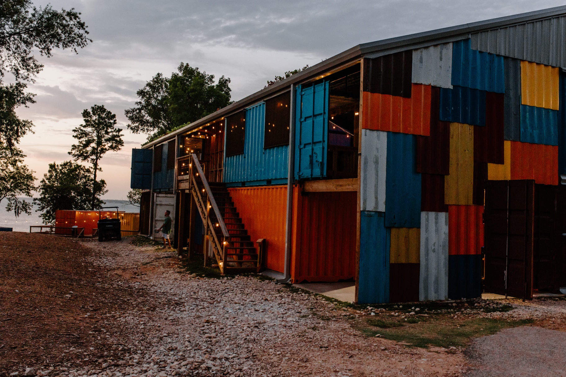 Lakeside hall exterior at dusk